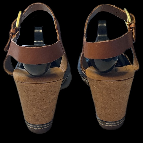 Clarks Collection Sandals Cork Wedge Open Toe Ankle Straps Blue Tan 9.5 - Picture 9 of 16